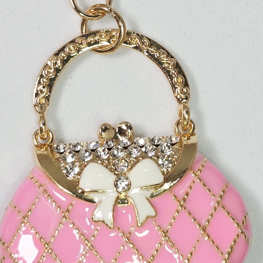 Pink Quilted Purse Rhinestone Keychain Gold Bag Charm w/ Bow Puffy Keyring Clip - Picture 7 of 12